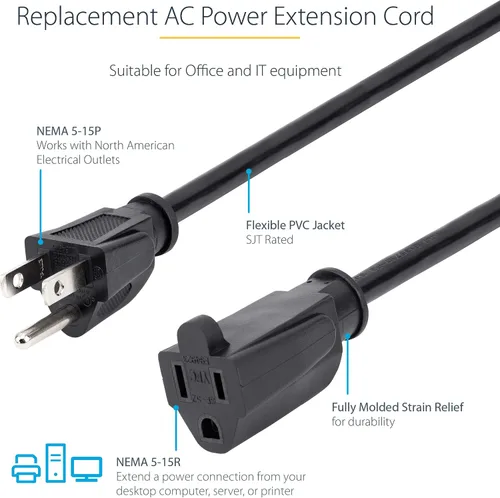 Vista 2 de StarTech.com Cable de extensión corta de 1 pie (0,3 m) - 125V a 13A, NEMA 5-15R a NEMA 5-15P - Cable de extensión de alimentación - Negro - Cable