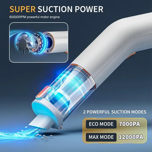 Vista 4 de Aspiradora portátil inalámbrica para automóvil, 5 en 1, mini aspiradora de mano inalámbrica con filtro HEPA, 2 modos de succión, potencia de succión