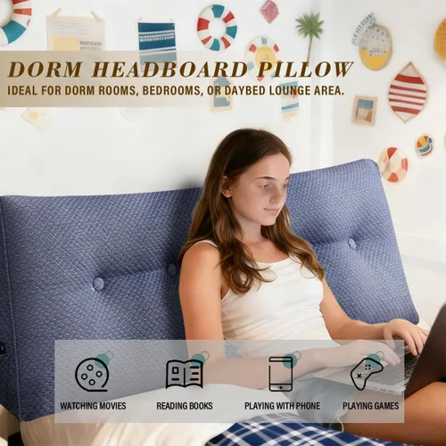 Vista 6 de Almohada de Cuña para Cabecero de Cama, Almohada de Cabecero Twin para Dormitorio para Sentarse, Leer, Relajarse, Almohada de Respaldo con Funda Azul