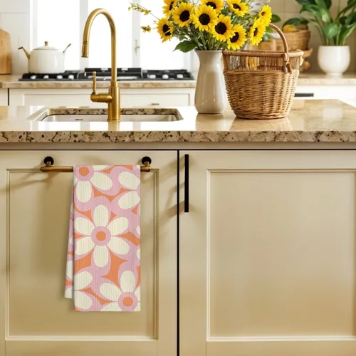 Vista 2 de Toallas de cocina retro florales de 16 x 24 pulgadas, toallas de mano retro de los años 70 con diseño de flores felices para baño, decoración floral