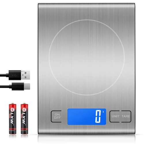 Vista 8 de Diyife - Báscula de cocina de acero inoxidable 304 recargable, 33 libras, color negro Digital Scale with LCD Display, Batteries and Type-C