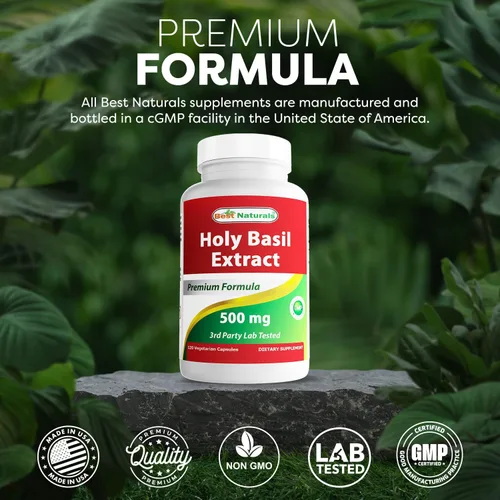 Vista 5 de Best Naturals Manejo del estrés de la albahaca sagrada 500 mg 120 cápsulas vegetales