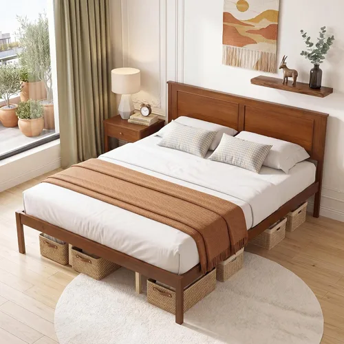Vista 12 de KOMFOTT Twin Size Bed Frame, Farmhouse Wooden Platform Bed with Headboard Walnut