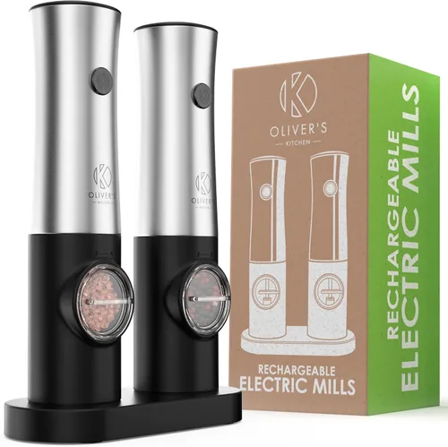 Vista 9 de Oliver's Kitchen ® Molinillos eléctricos de sal y pimienta, no requiere baterías con base USB-C recargable, fácil operación con 1 toque, grosor