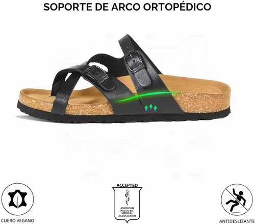 Vista 5 de Sandalia con plantilla de corcho, con espuma viscoelástica, con soporte de arco y comodidad, para mujer Celestis Negro