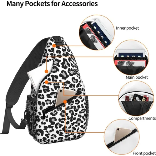 Vista 4 de Mochila cruzada para hombres y mujeres, bolsa de pecho, bolsa de hombro, una correa, mochila de viaje para senderismo, Leopardo de nieve, Mochilas
