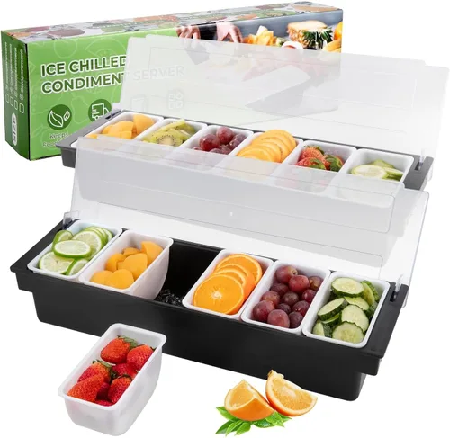 Vista 8 de Bandeja con tapa para frutas, verduras y condimentos con estación de guarnición para bartending y servicio de tacos (2, 3 compartimentos)