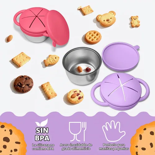 Vista 7 de 2 Pack de contenedores de aperitivos para bebé de acero inoxidable para niños con tapas y asas de silicona a prueba de derrames de grado alimenticio