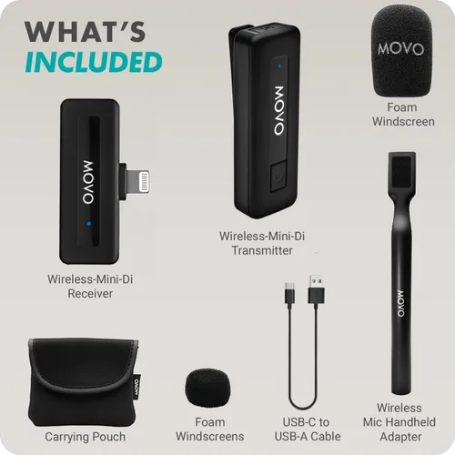 Vista 7 de Movo Micrófono inalámbrico Mini DI Ultra Compact Wireless Lavalier para iPhone con adaptador de mano WMX-HM - Micrófono de solapa con soporte
