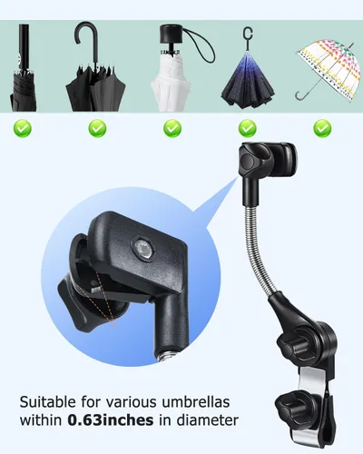 Vista 4 de OATSBASF Soporte de paraguas para cochecito, soporte de paraguas de carrito de golf de ángulo ajustable, accesorio de paraguas para cochecito