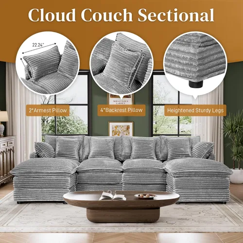 Vista 5 de Sofá de nube de 110 pulgadas en forma de U de gran tamaño gris claro para sala de estar, sofá modular modular con otomana y doble Coushion