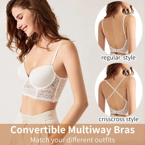 Vista 2 de Women's Low Back Bra Push Up Deep V Backless Bra Lace Underwire Convertible Bra