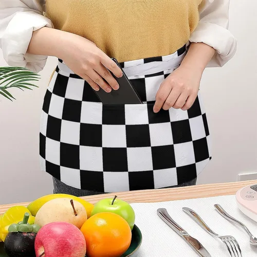 Vista 2 de Delantales de cintura con patrón de bandera a cuadros negros y blancos con 3 bolsillos para camarera, chef, medio delantal para mujeres y hombres