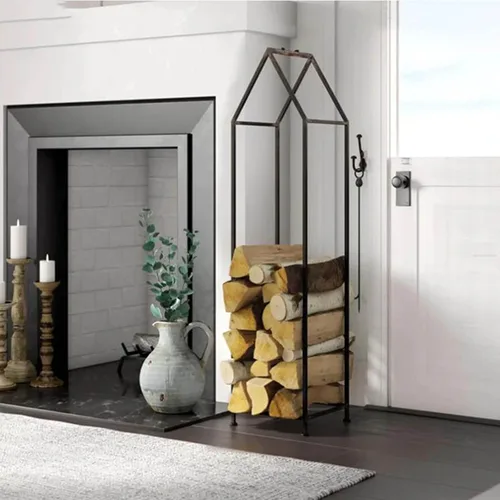 Vista 6 de Estante decorativo de leña moderno en forma de casa, ayuda de apilamiento alto para uso en y exteriores, estante de troncos de metal con asa