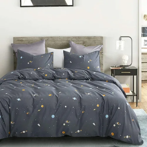 Vista 2 de Wake In Cloud - Juego de edredón espacial, tela 100% algodón, temática de constelación con lindas estrellas, cohetes y astronautas para adolescentes