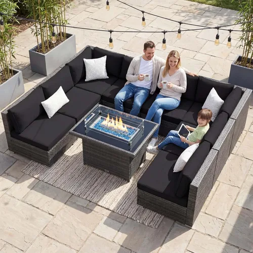 Vista 51 de NICESOUL Juego de muebles de patio de ratán extra grande con mesa para fogata de gas y propano, 29.3 pulgadas, respaldo alto, cómodos conversaciones