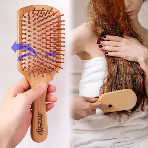 Vista 8 de Juego de 3 cepillos de pelo de bambú, cepillo de madera natural para mujeres, madam, cepillo desenredante de paleta para cabello seco, rizado
