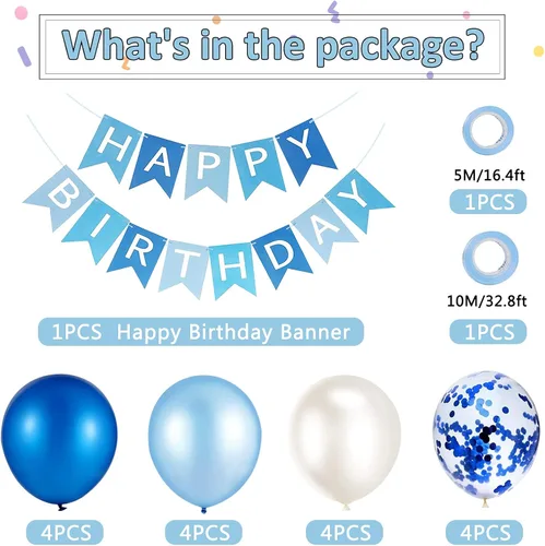 Vista 2 de Cartel de feliz cumpleaños, banderines, globos de fiesta azul bebé, confeti, globos de látex, pancartas de fiesta para niños y niñas, decoraciones