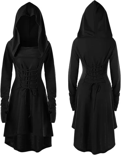 Vista 2 de Capa con capucha para mujer, estilo steampunk, gótico, con capucha, vestido de manga larga, vestido medieval vintage para Halloween