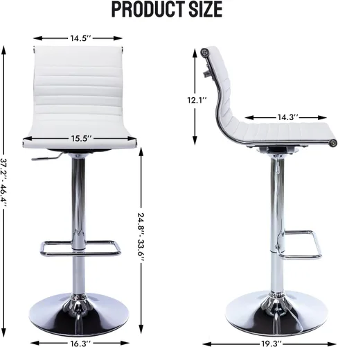 Vista 2 de LZAREAL Juego de 2 taburetes de bar de metal con altura ajustable, diseño moderno de piel sintética blanca sin brazos con base cromada para isla