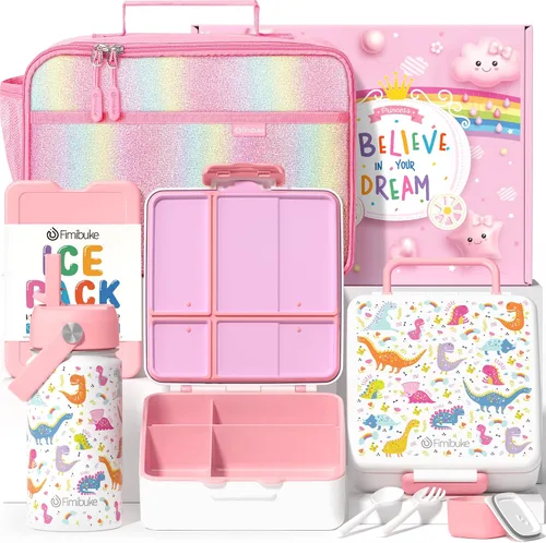 Vista 12 de Fimibuke Lonchera Bento para Niños con 4 Compartimentos, Bolsa de Almuerzo Aislada, Botella de Agua Aislada de Acero Inoxidable, Paquete de Hielo