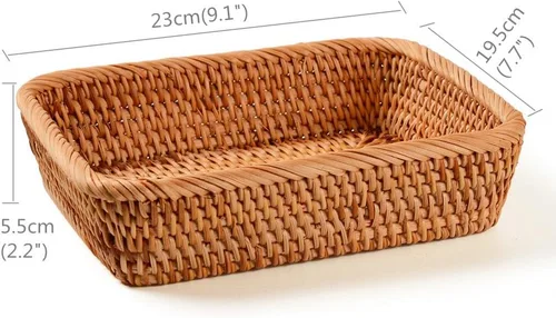 Vista 2 de Cesta rectangular hecha a mano de ratán para frutas, 9.1 pulgadas, cesta tejida a mano, bandeja de alimentos para servir, soporte organizador