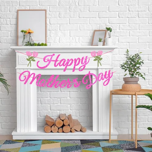 Vista 5 de Suministros de decoración de fiesta para el día de la madre con purpurina rosa con letrero de flores para el día de la madre, fiesta en casa