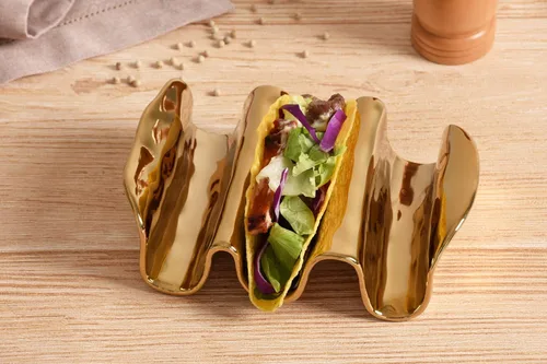 Vista 6 de Pampa Bay Soporte para tacos de porcelana chapada en titanio, 7.5 pulgadas, tono dorado, horno, congelador, apto para lavavajillas