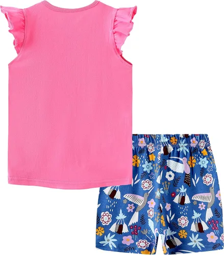 Vista 2 de Youlebao Conjunto de pantalones cortos para niñas pequeñas, conjunto de ropa de verano casual de algodón y pantalones cortos