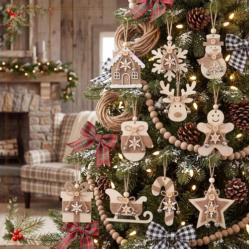 Vista 7 de Soaoo 20 adornos rústicos de madera de Navidad para árbol de arpillera