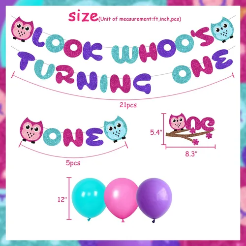 Vista 6 de Decoraciones de fiesta de primer cumpleaños de búho de dibujos animados para niños y niñas con Look Who's Turning One, globo de látex, decoración