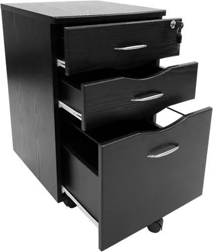 Vista 6 de Archivador rodante de 3 cajones con cerradura, archivador debajo del escritorio con ruedas, soporte para impresora, estante de impresora móvil