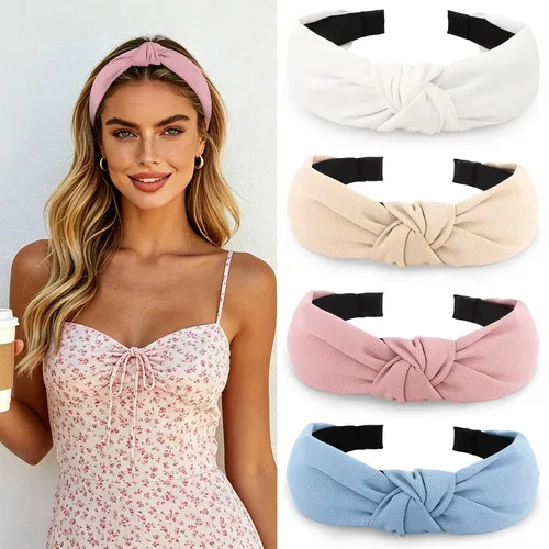 Vista 11 de YISSION Paquete de 4 diademas anudadas para mujer, diademas de tela de torsión ancha, color sólido, antideslizantes, accesorios para el cabello