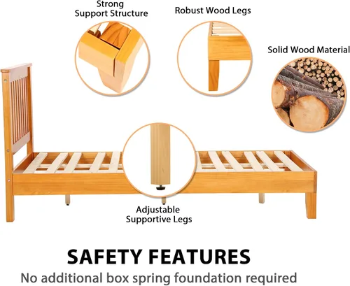 Vista 3 de Marco de cama individual de madera, marco de cama de madera con 14 listones de madera fuertes, marco de cama de madera con cabecera completa, cama