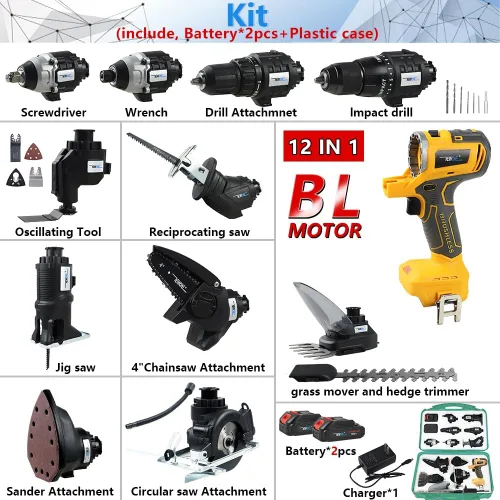 Vista 2 de NEWONE Juego de 12 herramientas eléctricas compatibles con batería De-Walt de 20 V, juego de herramientas inalámbricas, 2 baterías y cargador