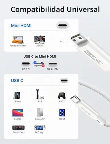 Vista 4 de JSAUX Cable USB C a Mini HDMI de 3.3 pies (no HDMI), cable 4K tipo C a mini Lado corto hacia la pantalla
