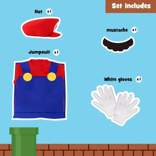 Vista 2 de Mario Costume for Kids-Halloween Plumber Costume for Boys with Accessory
