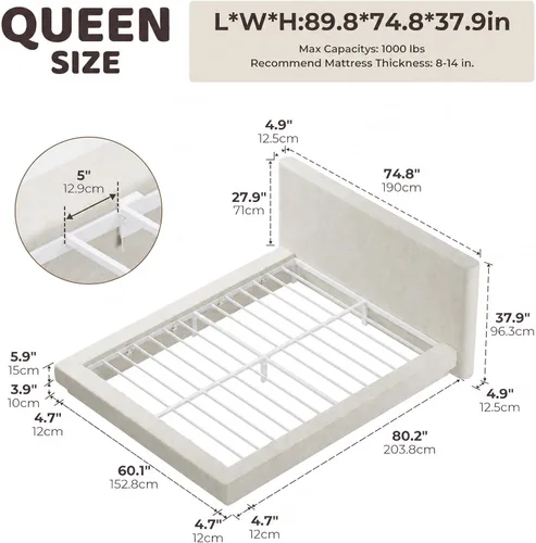 Vista 2 de RECCI AirFrame Cloud Queen - Base de cama tapizada con cabecera extra ancha, plataforma totalmente acolchada de espuma de 5 pulgadas, fácil montaje