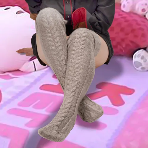 Vista 3 de VETHIN Calcetines de punto trenzado para mujer, para botas altas por encima de la rodilla, pierna larga, pierna de tubo para mujer, calentadores