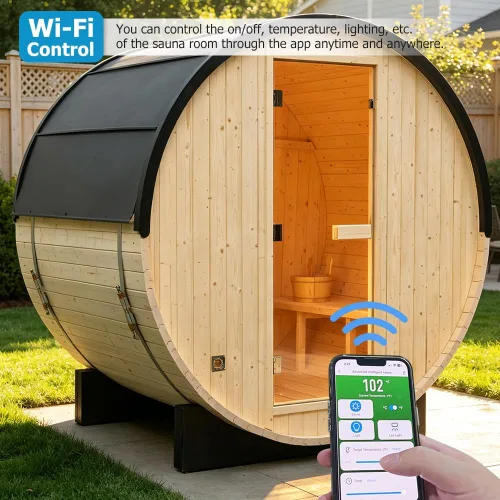 Vista 7 de Smartmak - Sauna de vapor de barril para exteriores, para 2 a 10 personas, cicuta canadiense/cedro rojo, control WiFi, sala de sauna de madera