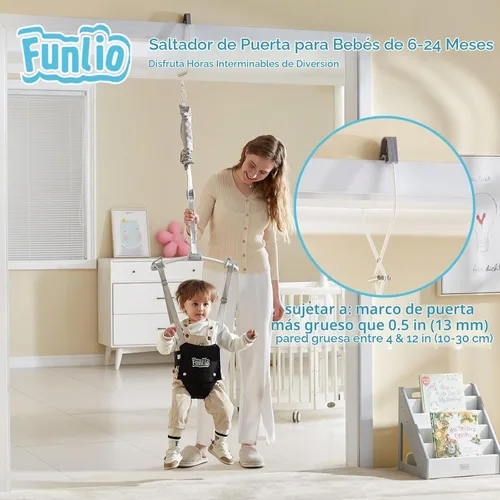 Vista 2 de FUNLIO Saltador de Puerta para Bebé de 6 a 24 Meses (con Abrazadera para Puerta), Saltador de Puerta para Bebé con Resorte Fuerte y Correa