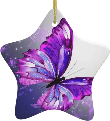 Vista 9 de Adornos de árbol de Navidad colgantes de mariposa morada, adornos de cerámica, decoración de porcelana de Navidad, adorno colgante para el hogar