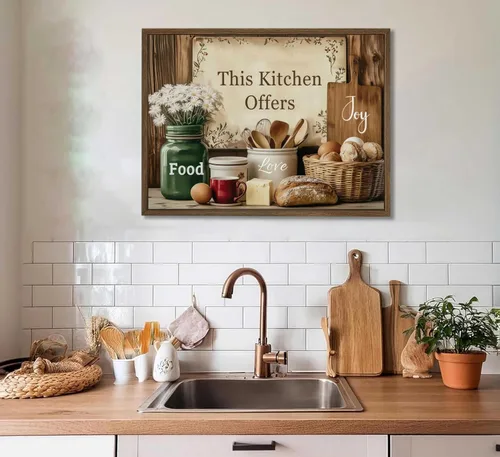 Vista 4 de Arte de pared de cocina campestre, naturaleza muerta en lienzo, estilo rústico vintage, granja. Esta cocina ofrece amor y alegría por la comida.