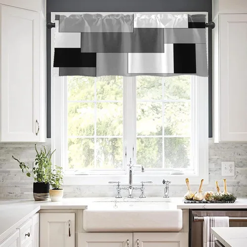 Vista 7 de Emvency Paquete de 2 cenefas para ventana, diseño geométrico gris y negro, cortinas de arte moderno abstracto, cortinas ajustables para ventanas