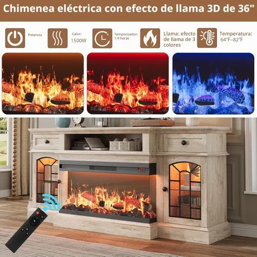 Vista 5 de QUW - Soporte de TV con chimenea estilo granja de 70 pulgadas para televisores de hasta 80 pulgadas, centro de entretenimiento con chimenea