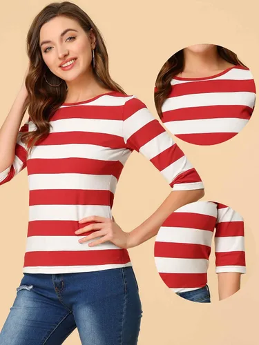 Vista 2 de Allegra K Camiseta a rayas para mujer, con mangas de codo de Halloween, básica, ajustada, cuello redondo