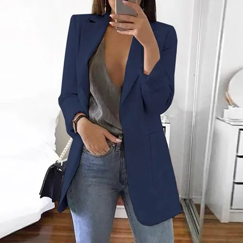 Vista 2 de Blazers sólidos para mujer, casual, de negocios, 2023, otoño, manga larga, para trabajo, oficina, chaqueta de talla grande, cárdigan frontal abierto