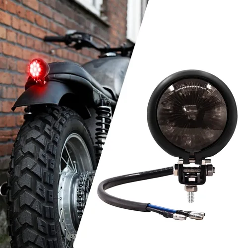 Vista 5 de Luz trasera LED para motocicleta, lente ahumada, luz de conducción LED redonda, lámpara de freno para motocross, motocicleta (negro)