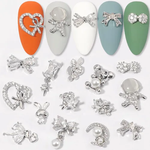 Vista 7 de Dijes y gemas para uñas, circonita de cobre dorado, múltiples formas 3D, diamantes de imitación de metal de lujo para uñas, 14 piezas 13 dijes