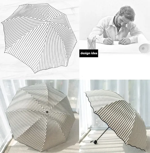 Vista 4 de URAWESO Sombrilla a rayas con protección UV para viajes, playa, compacto, plegable, para caminar (blanco)